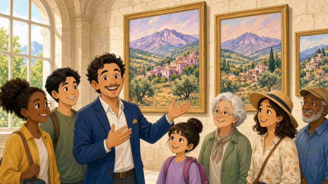 Bright comic of a museum guide with visitors in a Provence gallery