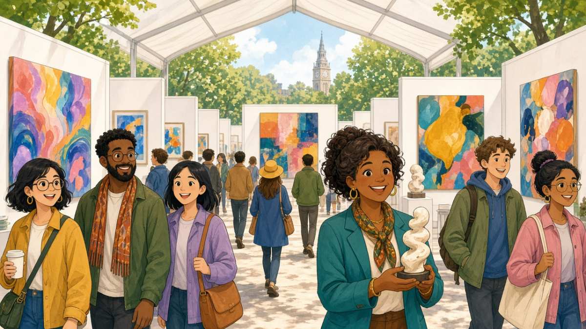 Bright comic of visitors at a London art fair tent