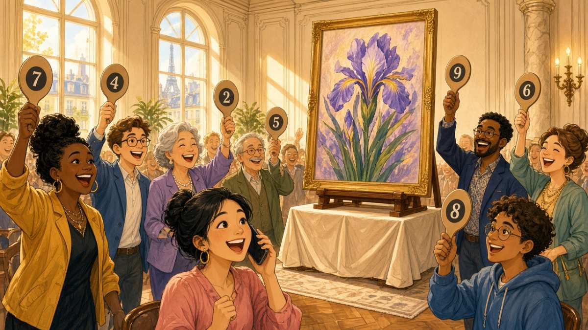 Bright comic of a lively Paris auction room with an iris painting